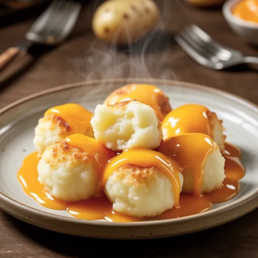 Cheddar Potato Balls with Cheese Sauce