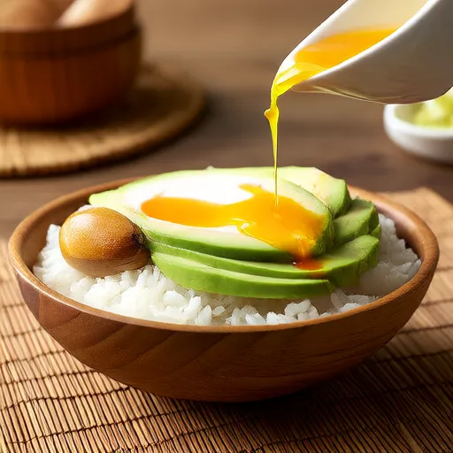 Arroz com Abacate, Ovo, Molho de Soja e Wasabi