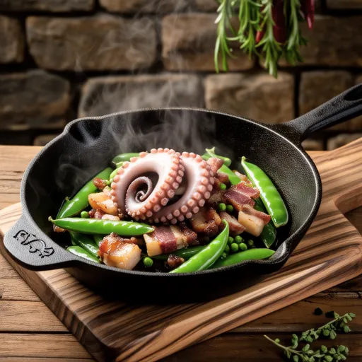 Ajillo with Pea Shoots, Bacon, and Octopus