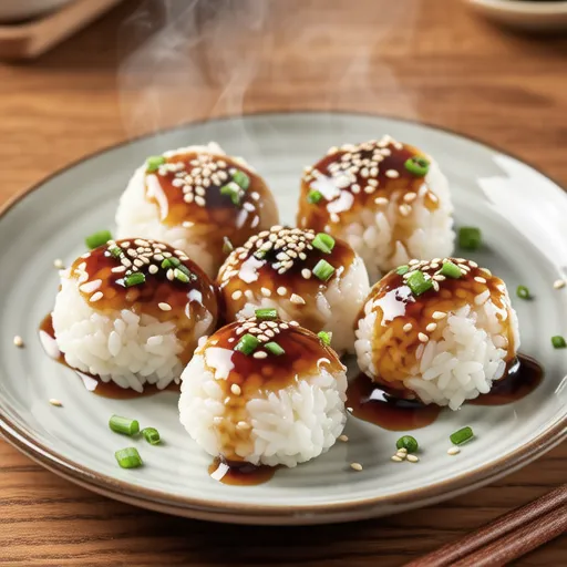 Soy Sauce Grilled Rice Balls with Seri and Bonito Flakes