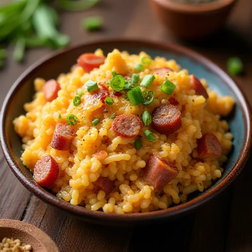 Жареный рис с беконом и сосисками