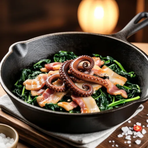 Komatsuna, Bacon, and Octopus Ajillo