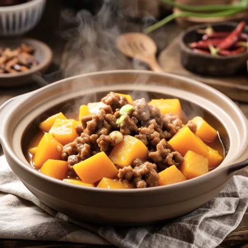 Simmered Pumpkin and Shishito Peppers with Minced Pork