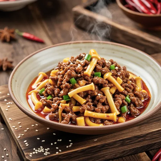 Spicy Stir-fried Ground Meat and Enoki Mushrooms