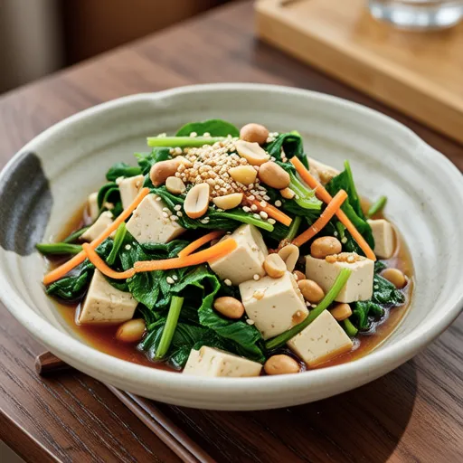 Japanese Tofu Salad with Molokhia and Peanuts