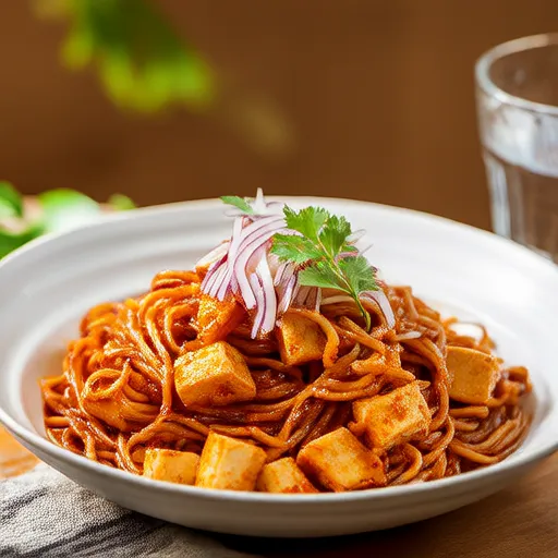 Pasta con tofu y pimientos