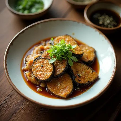 Steamed Eggplant and Ground Chicken with Scallion Sauce