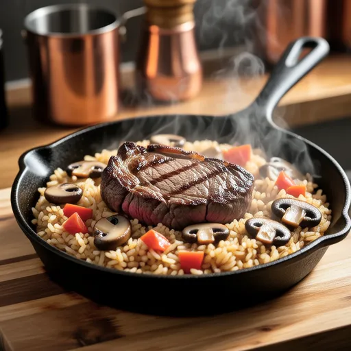 Hot Beef Steak Pilaf in Skillet