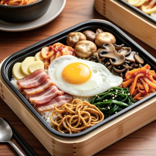 Dosirak (Bacon Egg Roll Rice, Mushroom Japchae, Potato Chicken Chupa Chups, Dumpling Kanpunggi, Sweet Potato Tortilla)