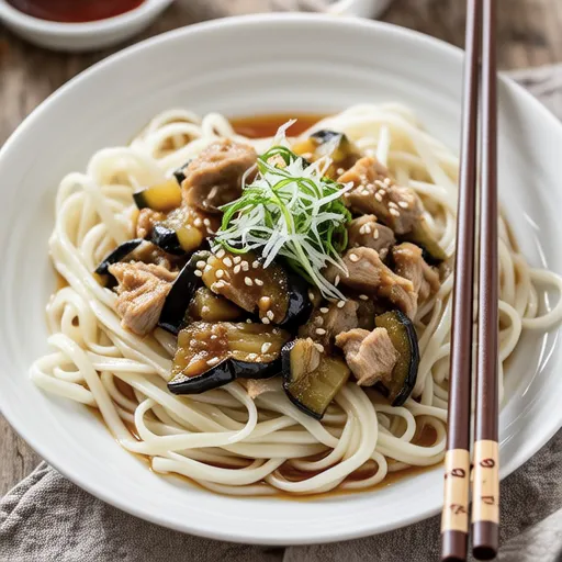 Steamed Eggplant and Tuna Udon with Plum Sauce