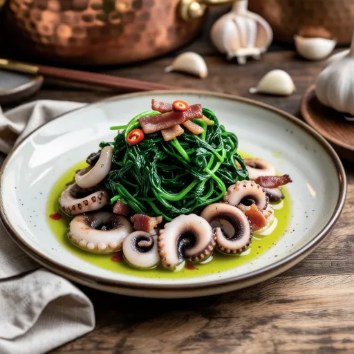 Mizuna, Bacon, and Octopus Ajillo
