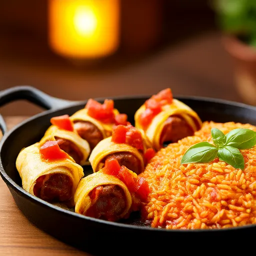 Prato de arroz com tomate e carne moída enrolados no bacon