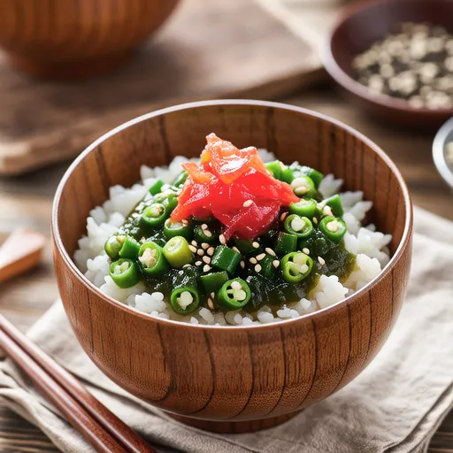 Natto and Okra with Umeboshi and Bonito Flakes