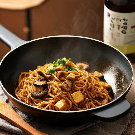Gebratene Nudeln mit Pilzen und Tofu