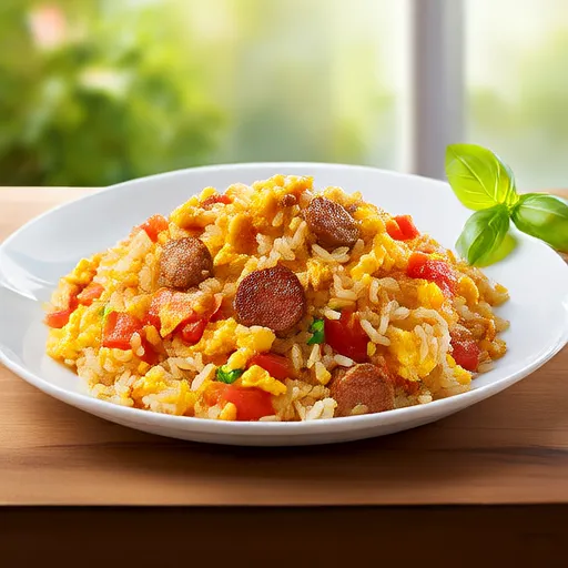 Жареный рис с томатами и сосисками