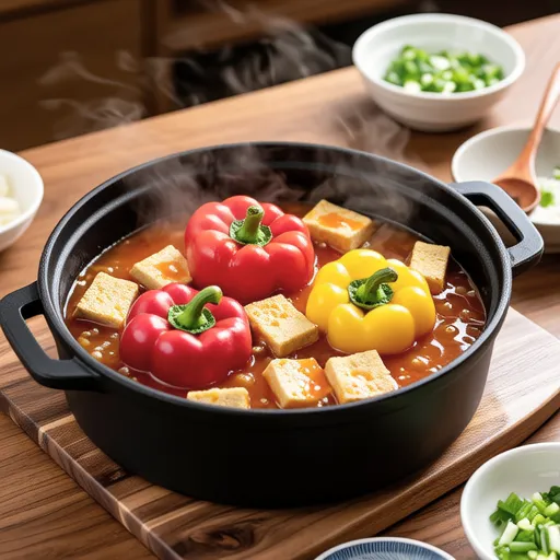 Simmered Whole Bell Peppers and Fried Tofu
