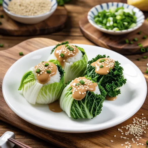 Cabbage & Kale Wrap Rice with Tofu Nut Sauce