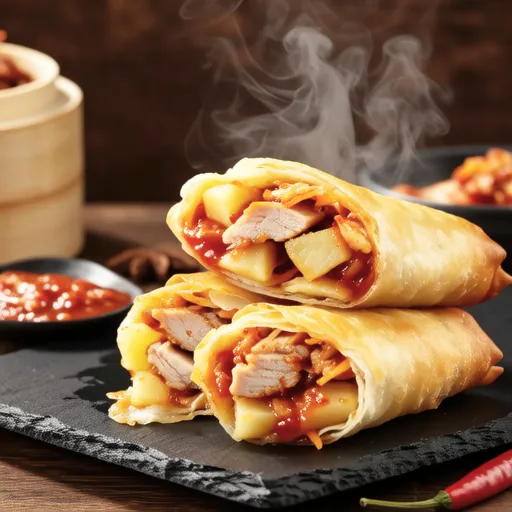 Chicken and Potato Kimchi Spring Rolls