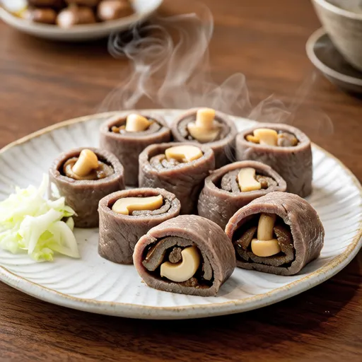 Beef Rolls with Enoki Mushrooms and Pea Shoots