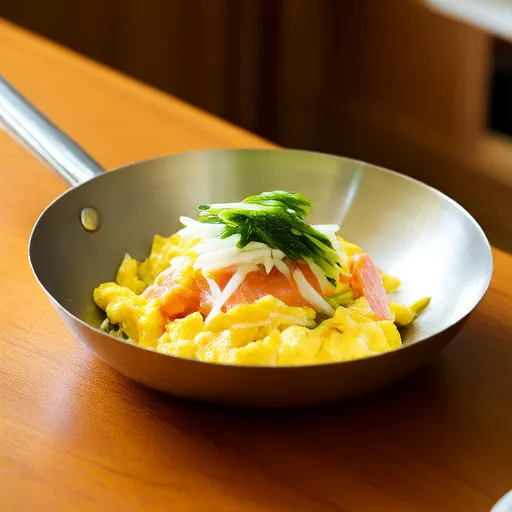 Tazón de arroz salteado con verduras, salmón y huevos