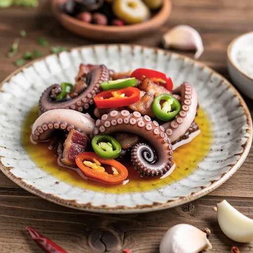 Ajillo with Bell Peppers, Bacon, and Octopus