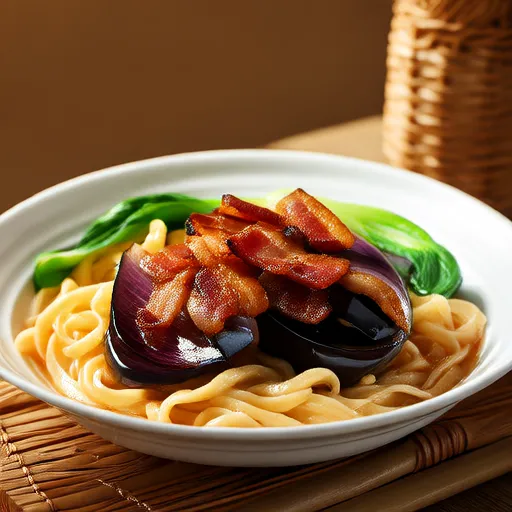 Pasta con melanzane, pancetta e foglie di shiso