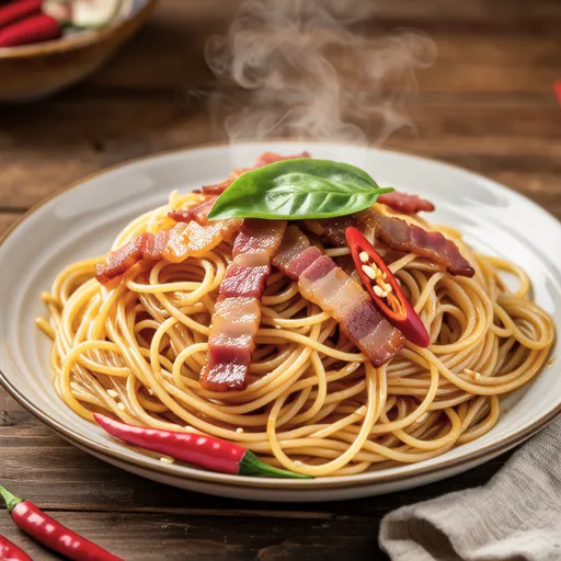 Japanese-Style Peperoncino with Chrysanthemum Greens and Bacon