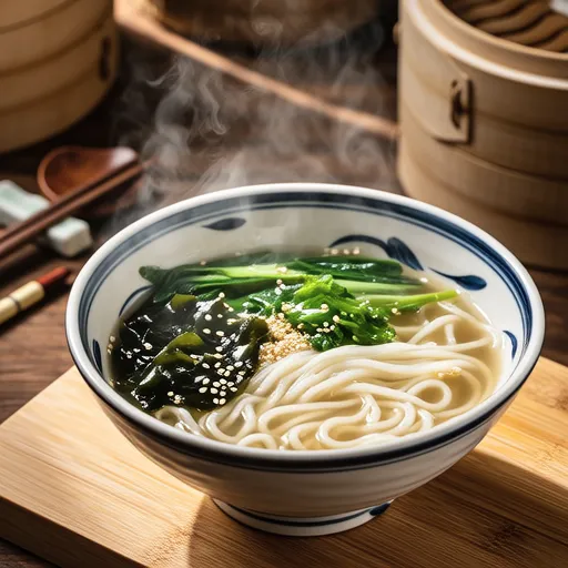 Chingensai and Wakame Vermicelli Soup