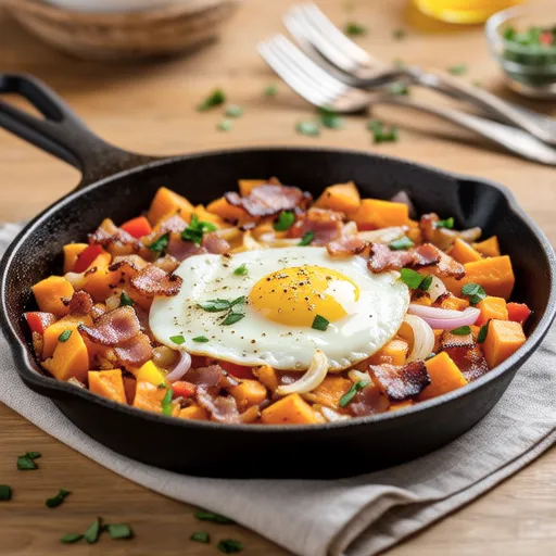1 Skillet Breakfast with Sweet Potato, Bacon, and Eggs