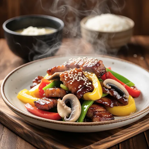 Stir-fried Pork Belly with Bell Peppers and Sesame Cheese