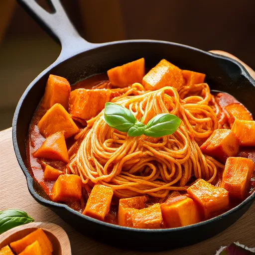 Mì Ý kem với khoai lang và cà chua