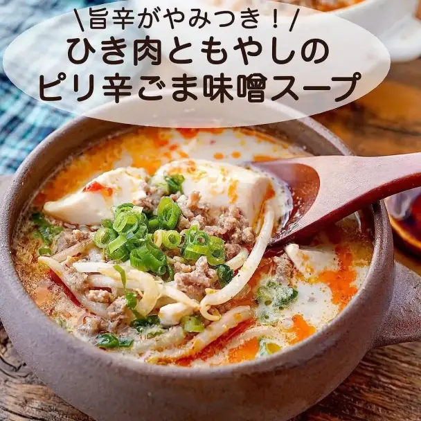 ひき肉ともやしのピリ辛ごま味噌スープ