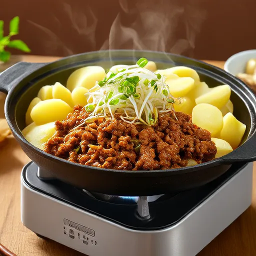 Batatas e brotos de feijão ao vapor com carne moída
