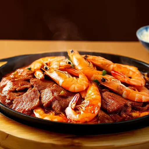Salteado de camarones y carne de res