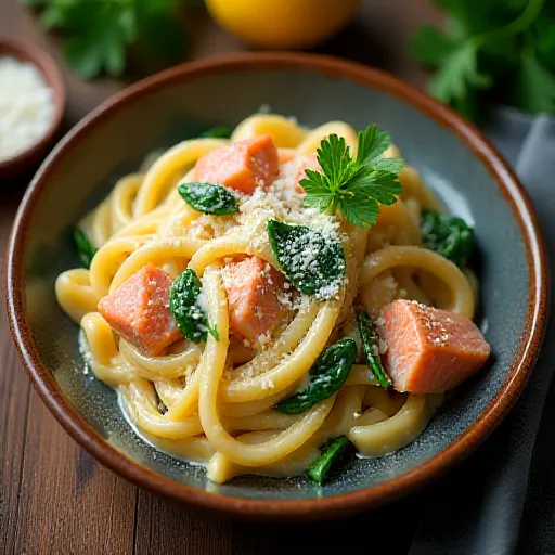 Macarrão com creme de salmão e espinafre