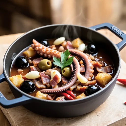 Olive, Bacon, and Octopus Ajillo
