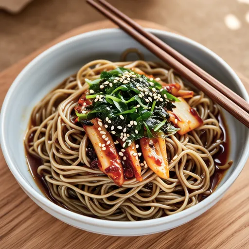 Buckwheat Noodles with Pickled Kimchi and Perilla Leaves
