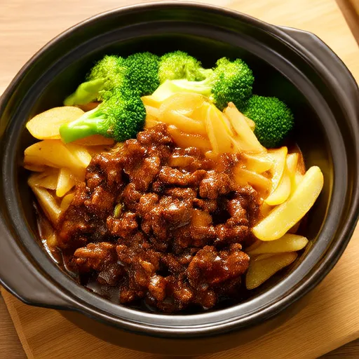 Salteado de brócoli, patatas y carne molida