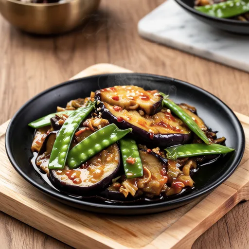 Snap Peas and Eggplant Stir-fry with Gochujang Mayo