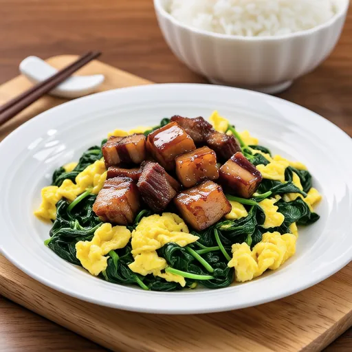 Spinach and Luncheon Meat Stir-fried Eggs