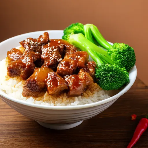 Sweet and Spicy Pork Belly Bowl with Rice and Broccoli