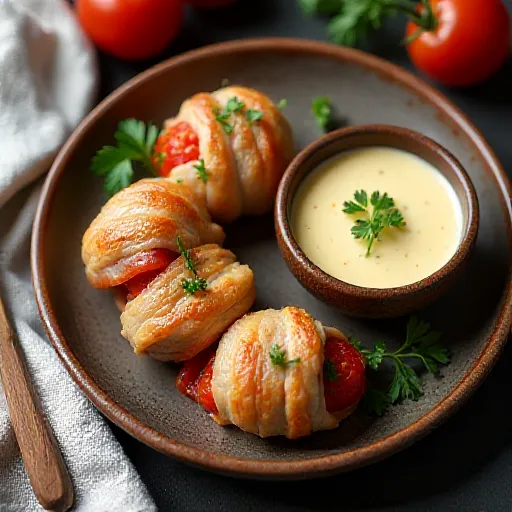 Pork Wrapped Cherry Tomatoes with Cheese Dip