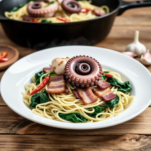 Spinach, Bacon, and Octopus Ajillo