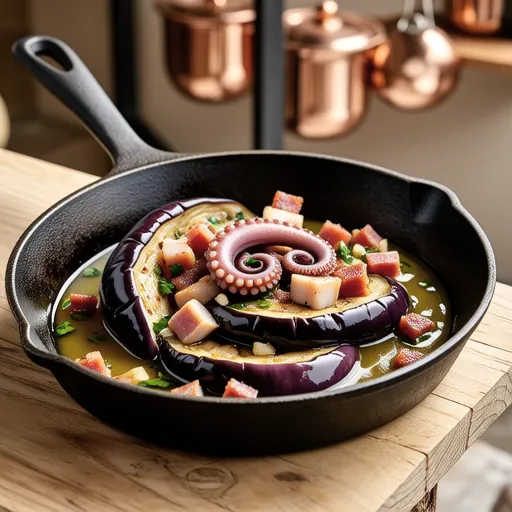 Eggplant, Bacon, and Octopus Ajillo