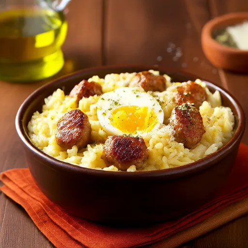 Итальянская миска с ризотто, сосисками и яйцом