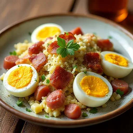 Салат с яйцом, беконом и сосисками