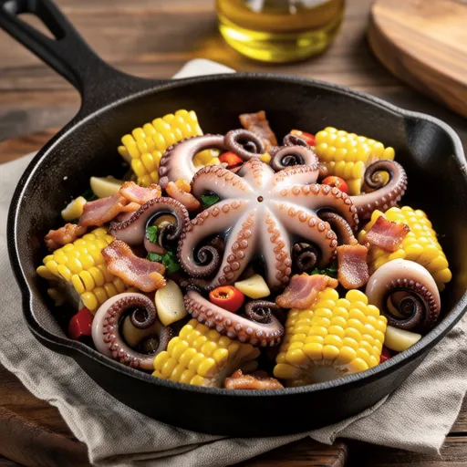Corn, Bacon, and Octopus Ajillo