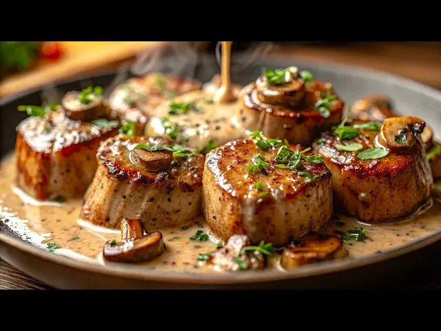 豚ヒレ肉の粒マスタードクリームソース煮込みとスマッシュポテト