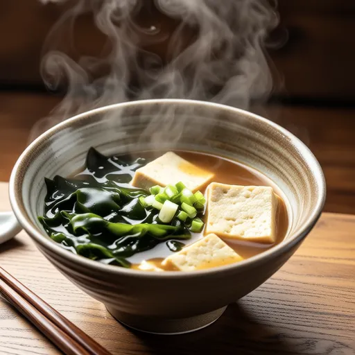 Wakame and Fried Tofu Miso Soup with Flying Fish Broth