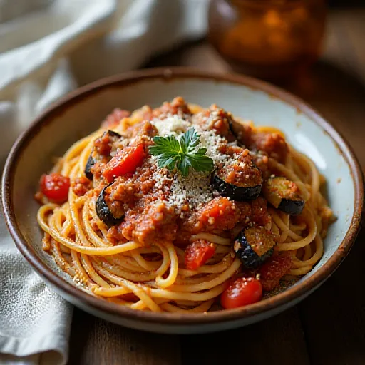 Pasta con berenjenas y carne molida